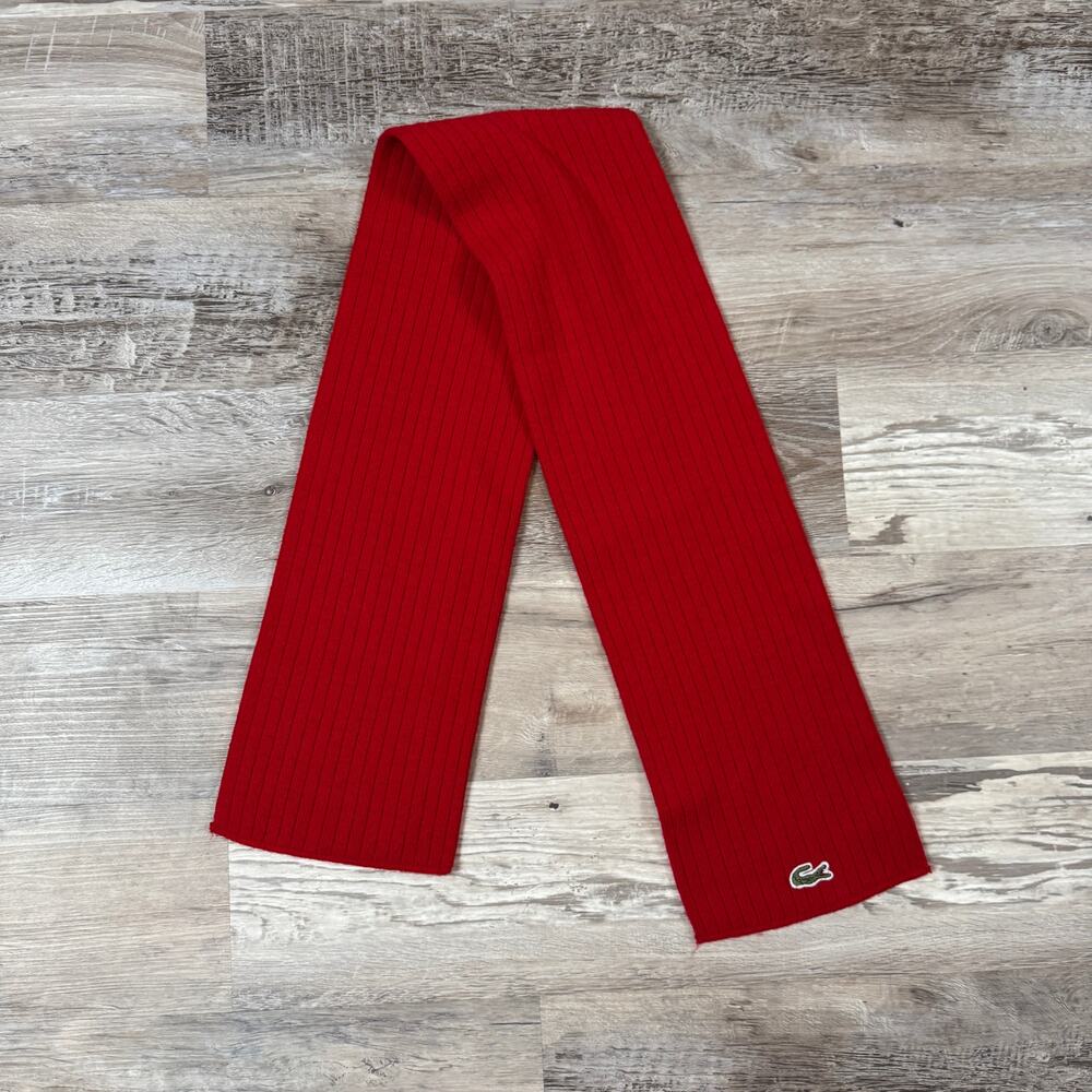 Vintage 80s 90s Lacoste Red Ribbed Knit Scarf Crocodile Logo Preppy Heritage